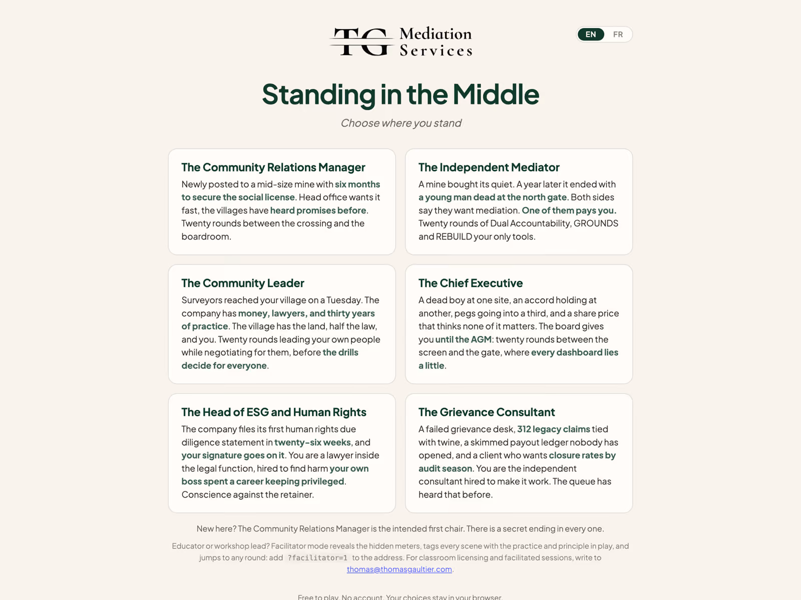The opening screen of Standing in the Middle, showing the six chairs a player can take